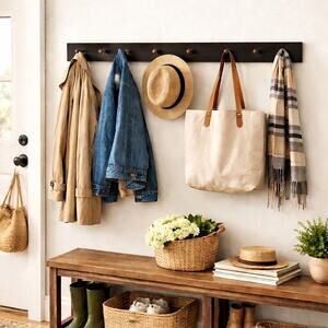 Long Black Wooden 8 Peg Coat Hook Wall Hanging Rack